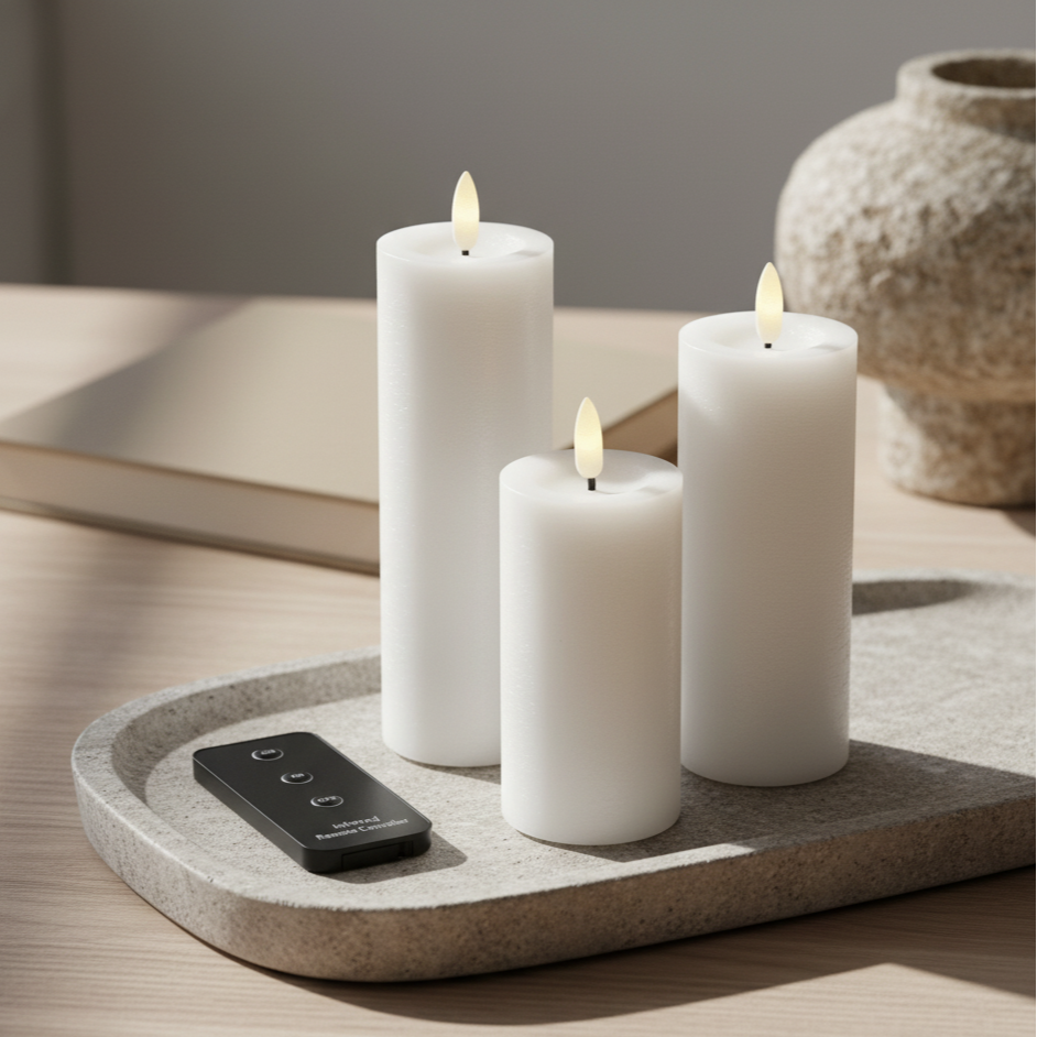 Weißes LED-Kerzen-Set mit 3 Stumpenkerzen und Fernbedienung