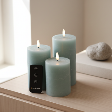 LED-kaarsenset - Rustieke look 3D-vlam - 3 maten - Timer - Saliegroen - 3-pack - incl. afstandsbediening
