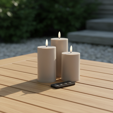 Buiten LED-kaarsen D7 – 3-pack in Zandkleur – Premium