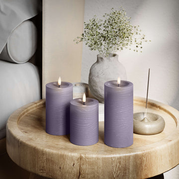 3er-Set LED Stumpenkerzen innen – Helles Violett mit Fernbedienung & realistischer 3D-Flamme