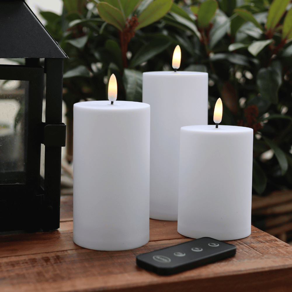 Outdoor LED-Kerzen Ø7 – 3er-Set in Weiß inkl. Fernbedienung – Premium - Nordicflame-de