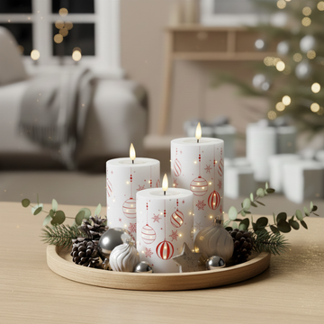 Deluxe Homeart LED Stumpenkerzen – Geschenkset mit 3 Kerzen (Rotmotiv) inkl. Fernbedienung und Batterien