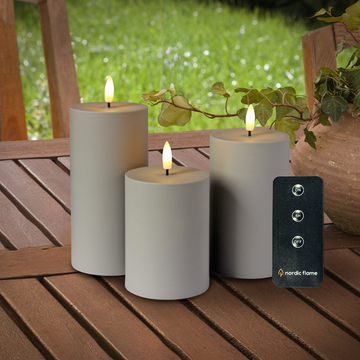 Buiten LED-kaarsen – 3-pack in stoffig zand – incl. afstandsbediening