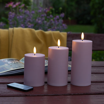 Outdoor LED Kerzen – 3er-Set in Rosa - inkl. Fernbedienung